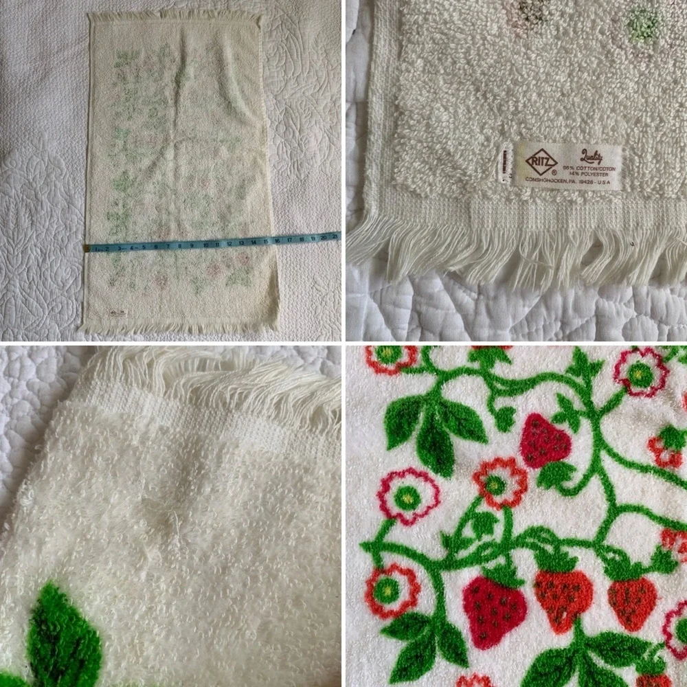 Vintage 70s strawberry vine white and red green hand towel